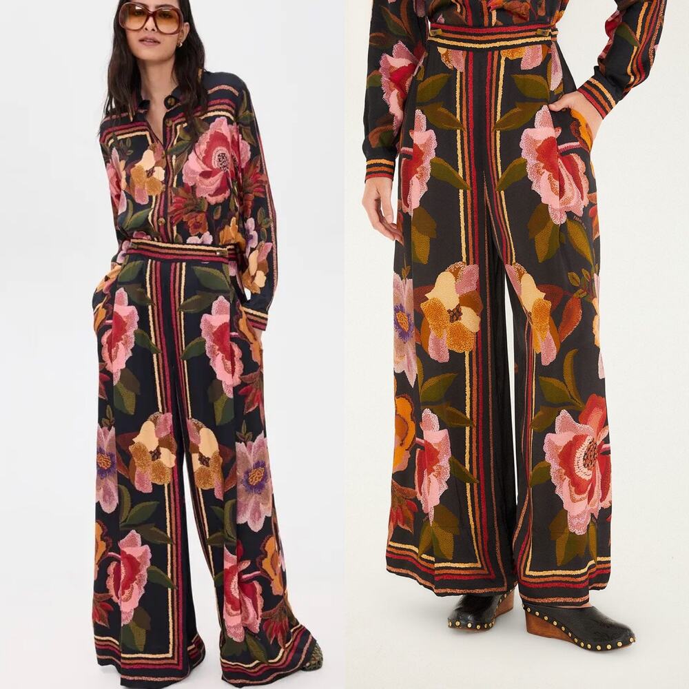 NWT Anthropologie Farm Rio Chenille Flowers Black Lenzing Ecovero Wide Leg Pants